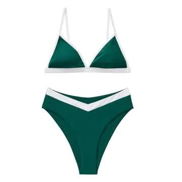 SUUKSESS Women Triangle High Cut Bikini Sets Sexy High Waisted Color Block Two Piece Swimsuits Push Up Bathing Suits(Green White,L)