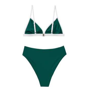 SUUKSESS Women Triangle High Cut Bikini Sets Sexy High Waisted Color Block Two Piece Swimsuits Push Up Bathing Suits(Green White,L)