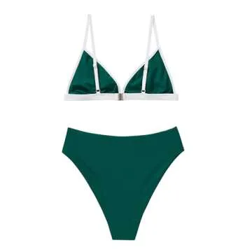 SUUKSESS Women Triangle High Cut Bikini Sets Sexy High Waisted Color Block Two Piece Swimsuits Push Up Bathing Suits(Green White,L)