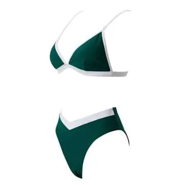 SUUKSESS Women Triangle High Cut Bikini Sets Sexy High Waisted Color Block Two Piece Swimsuits Push Up Bathing Suits(Green White,L)