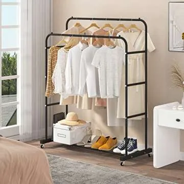 Laiensia Double Rods Clothing Rack with Wheels, Garment Rack for Hanging Clothes, Multi-functional Bedroom Clothes Rack, Black