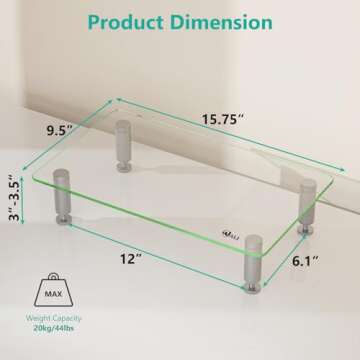 WALI Glass Monitor Stand Riser for Desk,Height Adjustable Computer Monitor Riser, Clear Monitor Stand for Laptop TV Computer Screen, Desk Organization, Office Supplies (GTT001), 16 X 10 inch, Clear