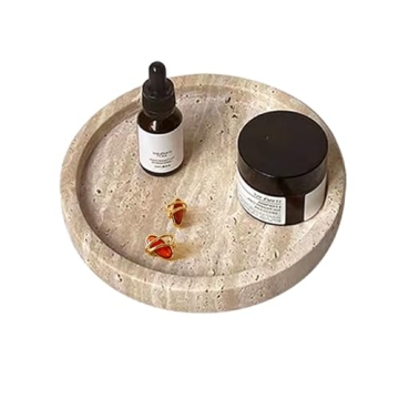 Real Travertine Tray for Jewelry Ring Dish, 5.9Inches Round Vanity Tray Marble Trinket Dish Decorati...