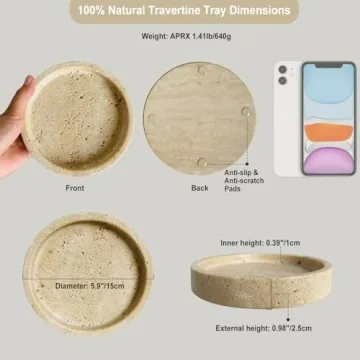 Real Travertine Tray for Jewelry Ring Dish, 5.9Inches Round Vanity Tray Marble Trinket Dish Decorative Tray Decor, Catch All Tray for Perfume, Candle, Jewelry Dish, Small Things(Beige)