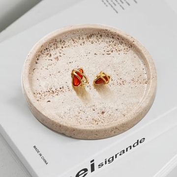 Real Travertine Tray for Jewelry Ring Dish, 5.9Inches Round Vanity Tray Marble Trinket Dish Decorative Tray Decor, Catch All Tray for Perfume, Candle, Jewelry Dish, Small Things(Beige)