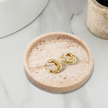 Real Travertine Tray for Jewelry Ring Dish, 5.9Inches Round Vanity Tray Marble Trinket Dish Decorative Tray Decor, Catch All Tray for Perfume, Candle, Jewelry Dish, Small Things(Beige)