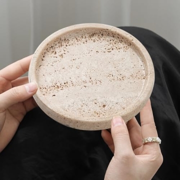Real Travertine Tray for Jewelry Ring Dish, 5.9Inches Round Vanity Tray Marble Trinket Dish Decorative Tray Decor, Catch All Tray for Perfume, Candle, Jewelry Dish, Small Things(Beige)