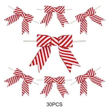 Meseey 30 Pcs 3 Inches Mini Twist Tie Red Striped Printed Grosgrain Ribbon Bow Smal Bows for Applique Embellishment Crafts Sewing Scrapbook Baby Shower Wedding Christmas Girls Dress Hair