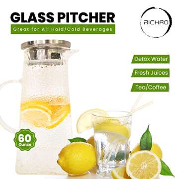 Richro Glass Pitcher with Lid - Elegant Glass Water Carafe with Lid - Durable & Sturdy Glass Water P...