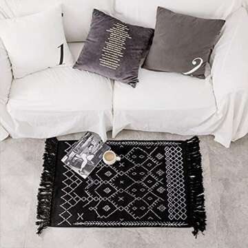 Boho Bathroom Rug, Boho Rug Kitchen Runner Black and White Bathroom Rugs, Washable Boho Bath Mat Small Woven Cotton Bohemian Tribal Farmhouse Tassels Geometric Moroccan Bedroom Hallway Bath Rug 2'x3'