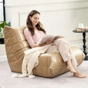 Hobestluk Bean Bag Chair Giant Bean Bag Sofa Memory Foam Bean Bag Chairs for Adults, Bean Bag Couches Faux Leather Bean Bag Chairs for Living Room Bedroom Dorm Office (Khaki)