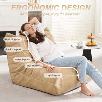 Hobestluk Bean Bag Chair Giant Bean Bag Sofa Memory Foam Bean Bag Chairs for Adults, Bean Bag Couches Faux Leather Bean Bag Chairs for Living Room Bedroom Dorm Office (Khaki)