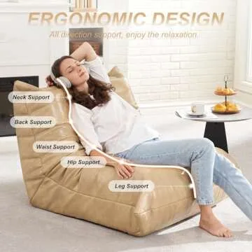 Hobestluk Bean Bag Chair Giant Bean Bag Sofa Memory Foam Bean Bag Chairs for Adults, Bean Bag Couches Faux Leather Bean Bag Chairs for Living Room Bedroom Dorm Office (Khaki)