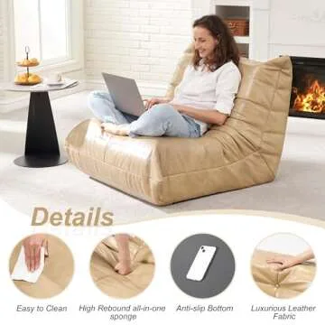 Hobestluk Bean Bag Chair Giant Bean Bag Sofa Memory Foam Bean Bag Chairs for Adults, Bean Bag Couches Faux Leather Bean Bag Chairs for Living Room Bedroom Dorm Office (Khaki)