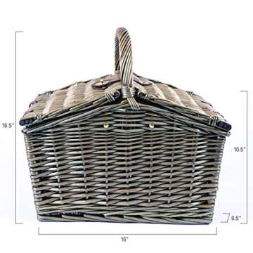 PICNIC TIME Piccadilly Picnic Basket, Romantic Picnic Basket for 2 with Picnic Set - Includes Utensil Set, Glasses, Plates, and Wine Opener, (Anthology Collection - Gray with Gold Accents)