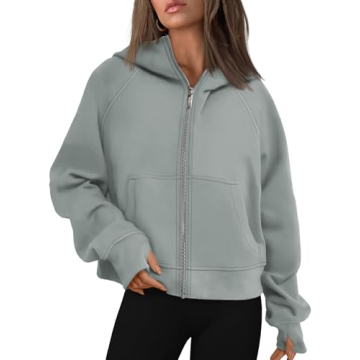 AUTOMET Women's Fleece Zip Up Hoodie - Oversized Fashion Gray Green Sweater