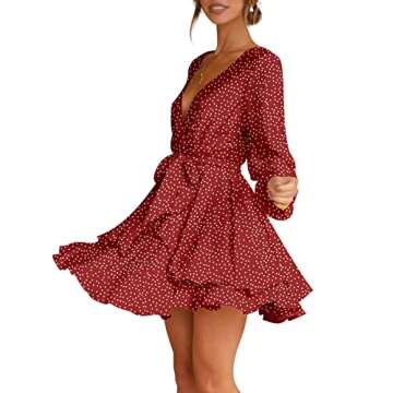 firfig Red Polka Dot Dress for Women Tie Waist Mini Short Dress Polka Dot Burgundy S