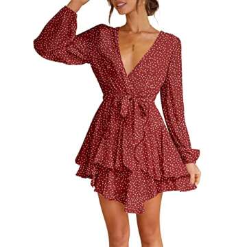 firfig Red Polka Dot Dress for Women Tie Waist Mini Short Dress Polka Dot Burgundy S