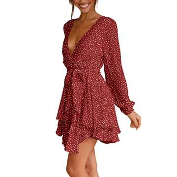 firfig Red Polka Dot Dress for Women Tie Waist Mini Short Dress Polka Dot Burgundy S