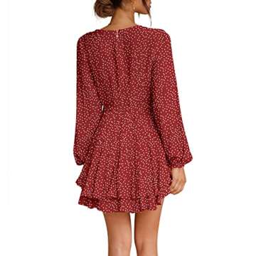firfig Red Polka Dot Dress for Women Tie Waist Mini Short Dress Polka Dot Burgundy S
