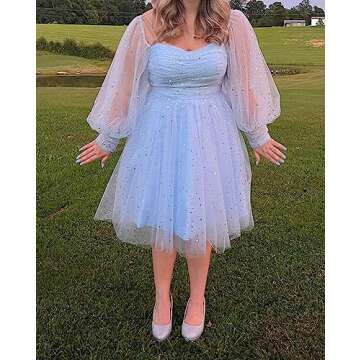 Maxianever Sparkly Homecoming Dresses Short for Teens Puffy Sleeves Starry Tulle Prom Dresses Gradua...