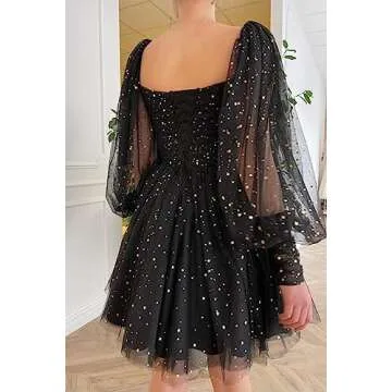 Maxianever Sparkly Homecoming Dresses Short for Teens Puffy Sleeves Starry Tulle Prom Dresses Graduation Mini Gowns Women Light Pink US2