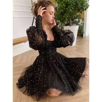 Maxianever Sparkly Homecoming Dresses Short for Teens Puffy Sleeves Starry Tulle Prom Dresses Graduation Mini Gowns Women Light Pink US2