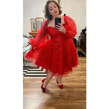 Maxianever Sparkly Homecoming Dresses Short for Teens Puffy Sleeves Starry Tulle Prom Dresses Graduation Mini Gowns Women Light Pink US2