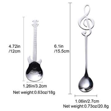 Music Note Spoons and Guitar Spoons Set 6-Pack Creative Cute Teaspoons 18/10 Stainless Steel Staff M...