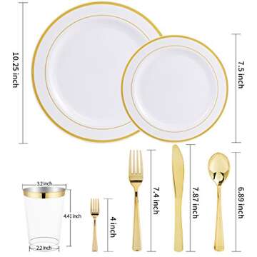 WDF 25Guest Gold Plastic Plates - Heavy Duty Gold Plastic Plates Dinnerware - Include 25 DinnerPlates 25 Salad Plates 50 Forks 25 Knives 25 Spoons 25 Cups 25 Mini Forks