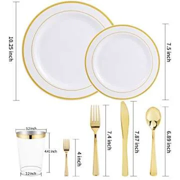 WDF 25Guest Gold Plastic Plates - Heavy Duty Gold Plastic Plates Dinnerware - Include 25 DinnerPlates 25 Salad Plates 50 Forks 25 Knives 25 Spoons 25 Cups 25 Mini Forks