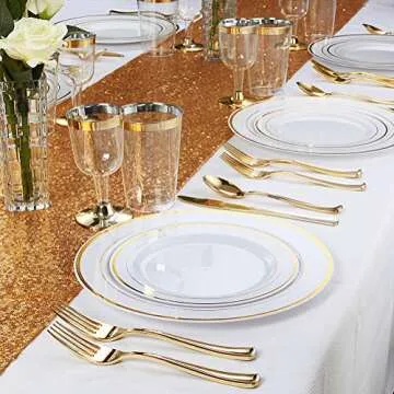 WDF 25Guest Gold Plastic Plates - Heavy Duty Gold Plastic Plates Dinnerware - Include 25 DinnerPlates 25 Salad Plates 50 Forks 25 Knives 25 Spoons 25 Cups 25 Mini Forks