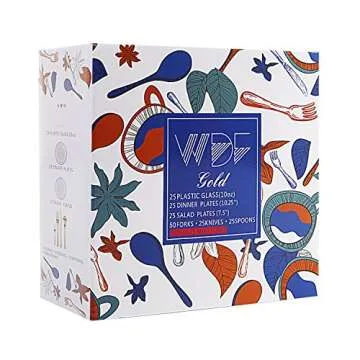 WDF 25Guest Gold Plastic Plates - Heavy Duty Gold Plastic Plates Dinnerware - Include 25 DinnerPlates 25 Salad Plates 50 Forks 25 Knives 25 Spoons 25 Cups 25 Mini Forks