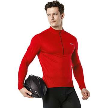 TSLA Men's Long Sleeve Bike Cycling Jersey, Quick Dry Breathable Reflective Biking Shirts with 3 Rear Pockets, Cycle Long Sleeve Red, XX-Large