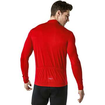 TSLA Men's Long Sleeve Bike Cycling Jersey, Quick Dry Breathable Reflective Biking Shirts with 3 Rear Pockets, Cycle Long Sleeve Red, XX-Large
