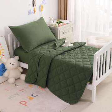 NTBAY Toddler Bedding Set - 4 Piece Soft and Breathable Crib Bedding Set for Boys and Girls, Includes Quilted Comforter, Fitted Sheet, Flat Top Sheet and Envelope Pillowcase, Olive Green
