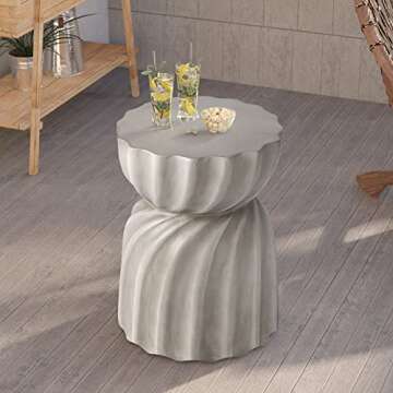 HOMPUS Unique Outdoor Concrete Side Table, Garden Stool, Round Patio MgO End Table, Lightweight Small Accent Table for Indoor Outdoor Use, Patio, Garden, Backyard, Natural Grey