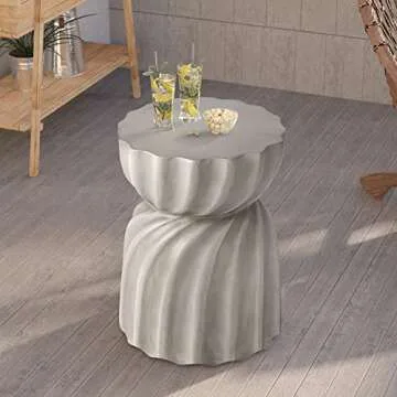 HOMPUS Unique Outdoor Concrete Side Table, Garden Stool, Round Patio MgO End Table, Lightweight Small Accent Table for Indoor Outdoor Use, Patio, Garden, Backyard, Natural Grey