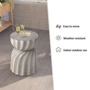 HOMPUS Unique Outdoor Concrete Side Table, Garden Stool, Round Patio MgO End Table, Lightweight Small Accent Table for Indoor Outdoor Use, Patio, Garden, Backyard, Natural Grey