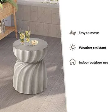 HOMPUS Unique Outdoor Concrete Side Table, Garden Stool, Round Patio MgO End Table, Lightweight Small Accent Table for Indoor Outdoor Use, Patio, Garden, Backyard, Natural Grey