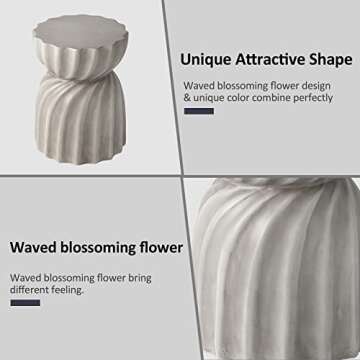 HOMPUS Unique Outdoor Concrete Side Table, Garden Stool, Round Patio MgO End Table, Lightweight Small Accent Table for Indoor Outdoor Use, Patio, Garden, Backyard, Natural Grey