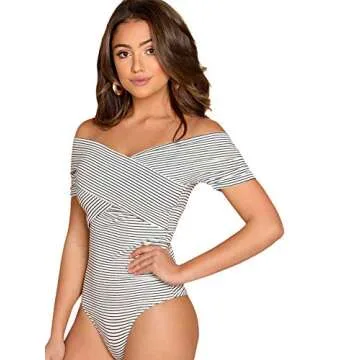 SOLY HUX Women's Criss Cross Striped Wrap Off The Shoulder Skinny Elegant Bodysuit Black and White S