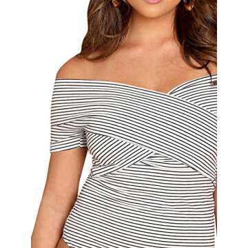 SOLY HUX Women's Criss Cross Striped Wrap Off The Shoulder Skinny Elegant Bodysuit Black and White S