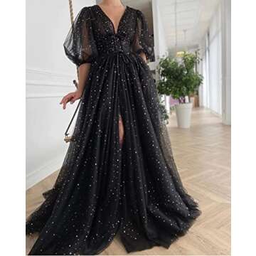 Xijun Plus Size Prom Dresses Puffy Sleeve Sparkle Starry Tulle Black V Neck A Line Formal Evening Dresses Corset Wedding Party Gowns Long US18W