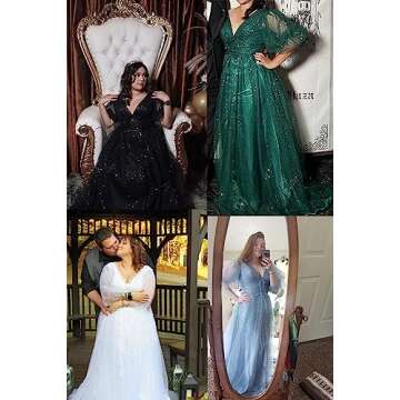 Xijun Plus Size Prom Dresses Puffy Sleeve Sparkle Starry Tulle Black V Neck A Line Formal Evening Dresses Corset Wedding Party Gowns Long US18W