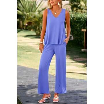 PRETTYGARDEN Women's 2 Piece Summer Tracksuits Sleeveless V Neck Tank Top Wide Leg Pants Casual Knit Outfit Sets (Blue,X-Large)