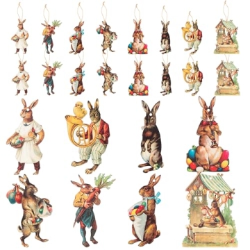 L1rabe Easter Vintage Bunny Decorations - 25Pcs Traditional Easter Wooden Hanging Ornaments Rabbit C...