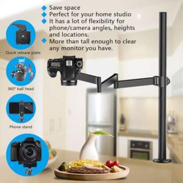 Heavy Desktop Overhead Camera Mount Rig Stand, Top Down DSLR Photography Holder with Flexible Arm and 360° Ball Head, Adjustable Height and Length for Ring Light/Video Camera/Webcam/Panel Light