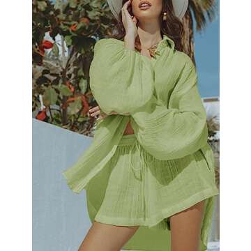 Fixmatti 2 Piece Summer Shorts Set Casual Linen Outfits Long Sleeve Button Down Shirt and Shorts Sweatsuit Light Green S