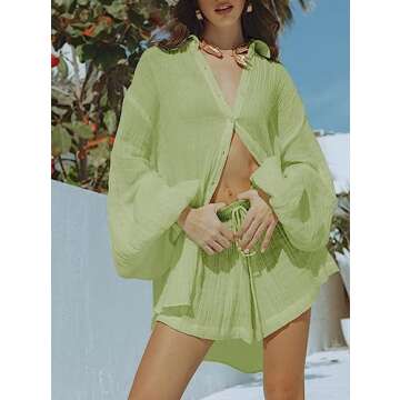 Fixmatti 2 Piece Summer Shorts Set Casual Linen Outfits Long Sleeve Button Down Shirt and Shorts Sweatsuit Light Green S